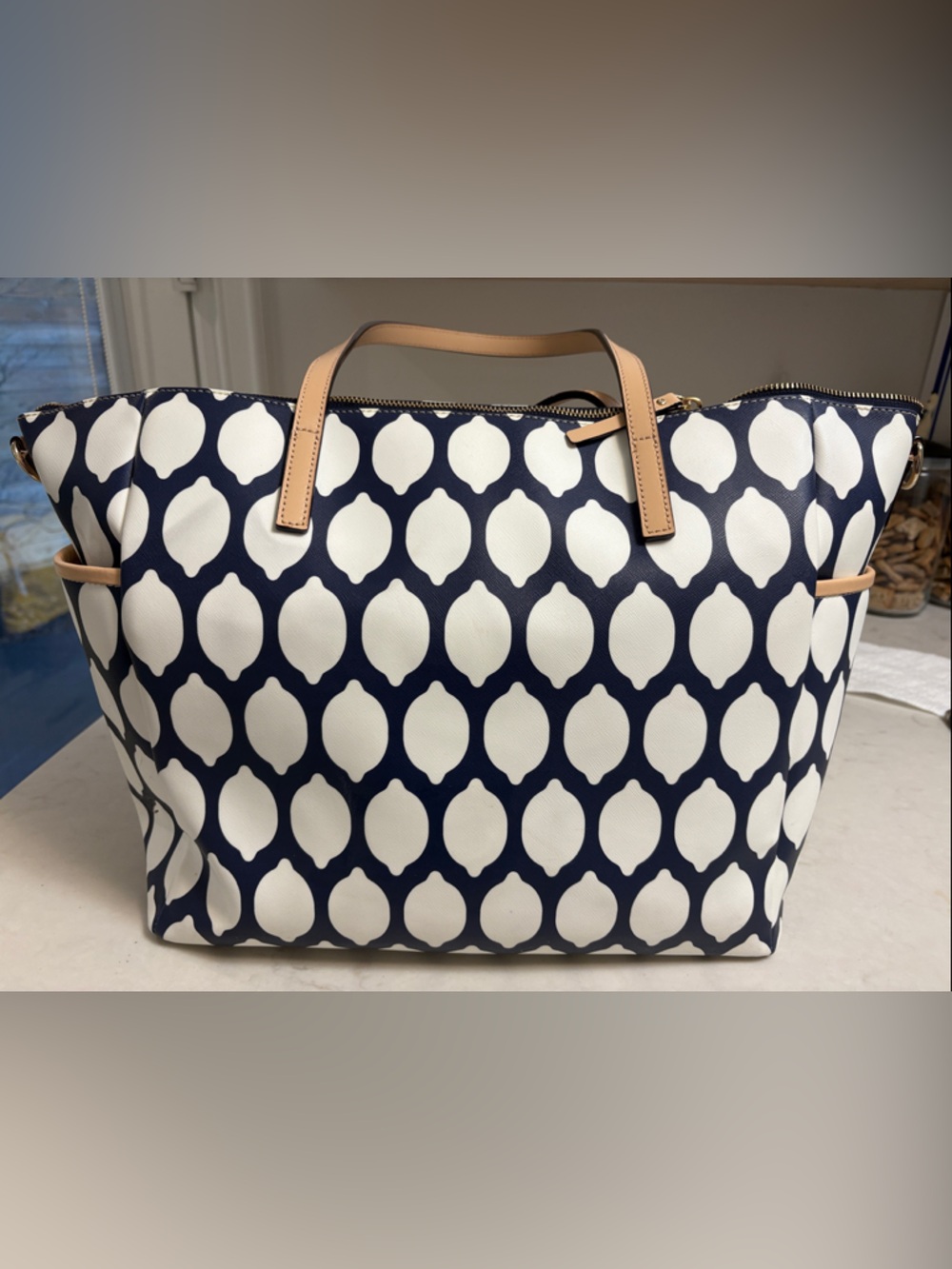 kate spade Vintage Navy and White Lemon Patterned Tote with Tan Handles